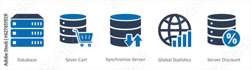 A set of 5 Internet icons as database, server cart, synchronize server