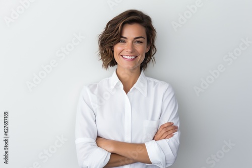 Portrait of young happy woman looks in camera. Skin care beauty, skincare cosmetics, dental concept isolated over white background.