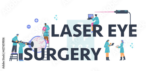 Eye laser surgery and cornea or myopia treatment banner flat vector isolated.