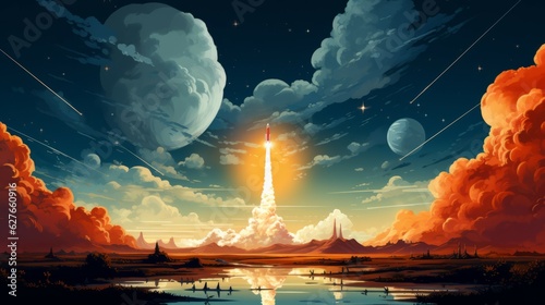 Futuristic rocket taking off illustration. Beautiful visualization of a spaceship landing. Interplanetary species concept. Rocket taking off in the night sky. Vector illustration of liftoff.