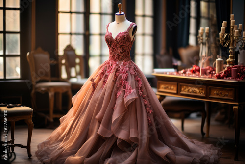 Haute couture evening dress in a tailor room