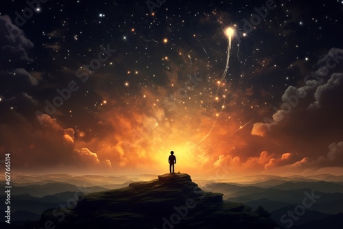 Man and stars at night. Beautiful illustration picture. Generative AI