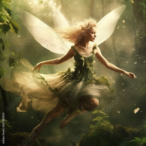 flying fairy with blonde hair and butterfly wings. Generative AI