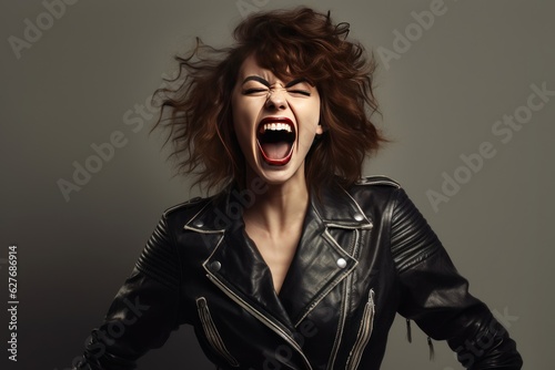 Portrait of a beautiful rocker woman in a black leather jacket on a studio background. Screaming girl isolted exemplifies youthful rebellion, alternative fashion, self-expression.