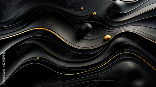 Incredible fantasy black and gold background. Balls, circles, golden drops. The texture of stucco, a wall with curves and inversions of black plastic, and mirror surfaces. AI generation