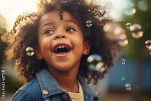 Joyful happy laughing African American child daughter kid girl children laugh excited open mouth amazed enjoy playing with soap bubbles having fun happiness childhood summer vacation family holiday