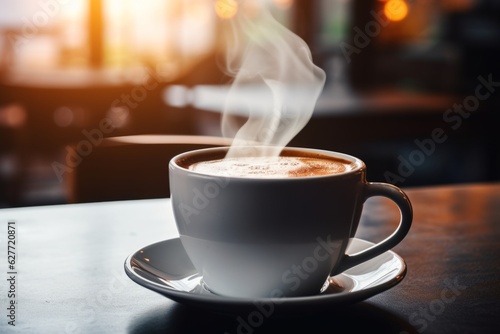 Close up mug with aromatic coffee white cup of hot aroma cappuccino espresso latte steam smoke on table morning breakfast drinking tasty drink cafeteria cafe restaurant caffeine beverage energy dinner