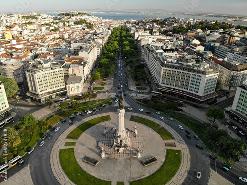 Marquis of Pombal square in Lisboa. Aerial drone view. Flying over. View from top down.