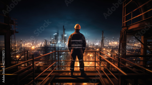 Factory worker wearing a safety helmet in the background of a factory design.