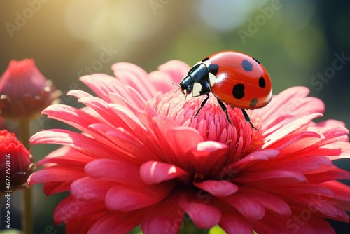 ladybug on red flower, ladybug on red flower, ladybug on red flower, A ladybug sitting on a red flower on blurred background, AI Generated