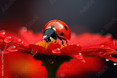 ladybug on red flower petal with water drops close up, A ladybug sitting on a red flower on blurred background, AI Generated