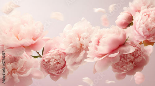 Many delicate tender pink big and small open and closed peony flowers and buds levitating on seamless pink surface. 