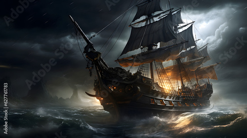 Black pearl pirate ship in thunderstorm at sea