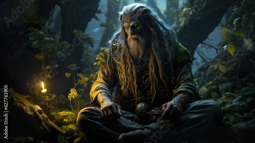 High Fantasy Character: An epic portrait of a powerful druid in the forest