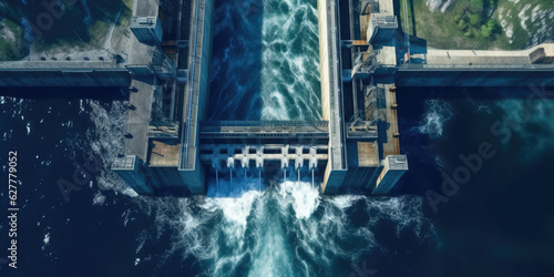 Aerial top view hydroelectric dam, water discharge through locks, blue color banner industrial concept