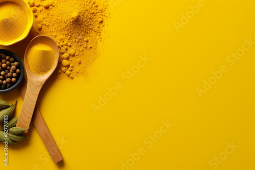 Turmeric powder fresh curcuma black pepper herbs isolated on yellow color background empty space created using generative ai content