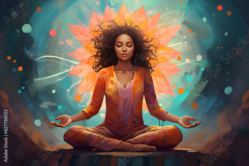 colorful illustration of a woman in a yoga pose, meditating with a smile on her face