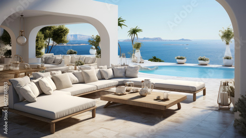 Minimalist greek resort by the sea. Indoor outdoor space with lounging furniture, with cushions and throw. 