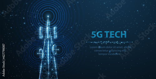 Abstract antenna mast on blue. 5G technology, telecommunication industry