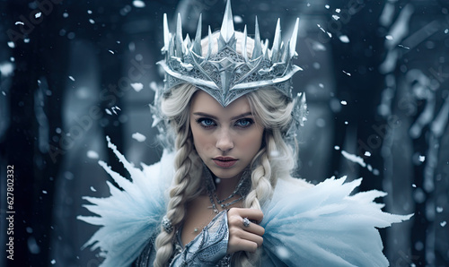 portrait of a blond woman in winter clothes wearing crown. 