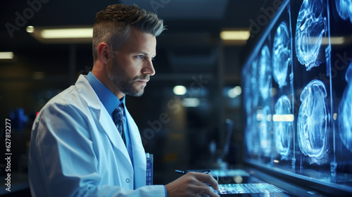 Doctor looking at x-ray image of brain head in a hospital.