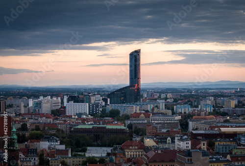 Wroclaw skyline at sunser aerial telephoto shot.