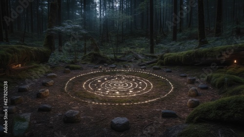 A traA mystic circle drawn on the forest floornquil meditation area
