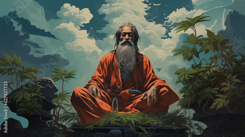 Sage Saint Rishi image illustration. Lotus pose. St Rishi in Hindu..