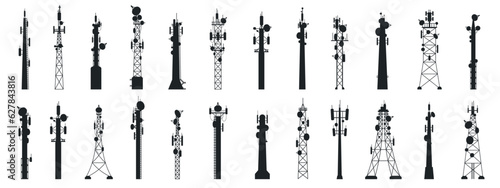 Radio mast silhouettes. Outline broadcast antenna towers, communication technology technology equipment. Vector set