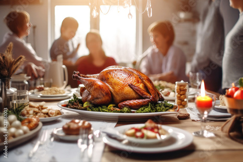 Happiness and dining: family thanksgiving with turkey