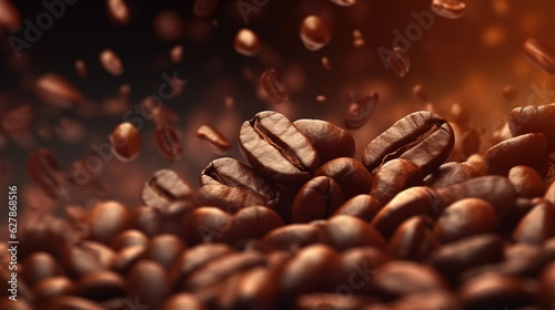Brown roasted large coffee beans close-up on a dark background. Selective Focus. 