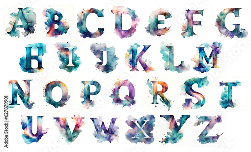 Rainbow colored colorful watercolor alphabet on isolated white background.