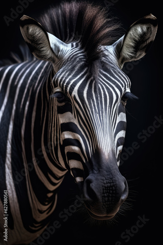 Portrait of a beautiful African Zebra in close-up Macro photography on dark background. 