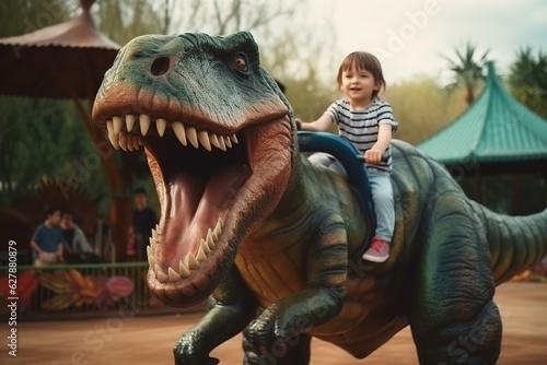 A little boy riding a dinosaur in the park. Children's fascination with dinosaurs, theme park. 