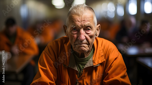 An elderly criminal sits at the prison. Generative AI