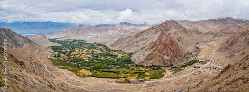 Panorama of green Indus valley from ascend to Kardung La pass - allegedly the highest motorable pass in the world (5602 m). Ladakh, India