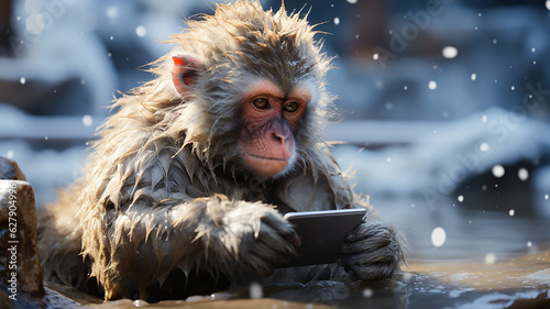 A snow monkey takes a hot spring bath in a snowy landscape and uses a mobile phone. Japanese monkey or animal concept.