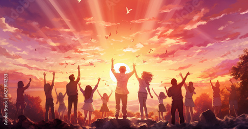 Illustration of silhouette of family and friends holding hand and arms raise in triumph at sunrise