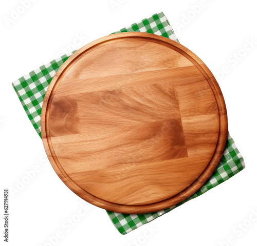 Top view of empty pizza board and napkin isolated.