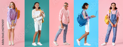 Set of different students on color background