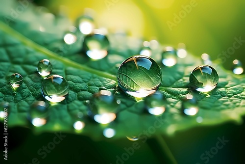 Closeup water drops on green leaf. morning dew on leaves