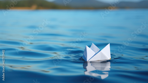 With the bright summer sky above, the close-up highlights the enchanting allure of the simple paper boat gently sailing on the calm waters.