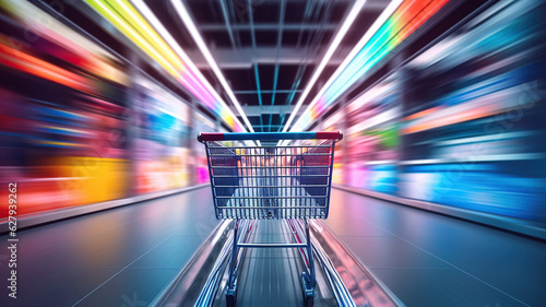 A shopping cart is blurred in an aisle