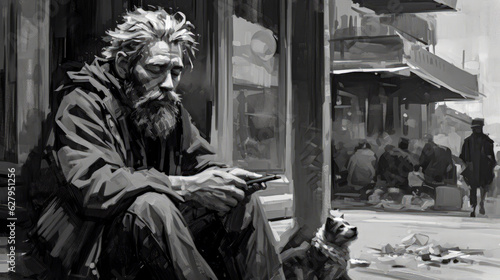 Painting of a homelessness man sitting on a sidewalk 