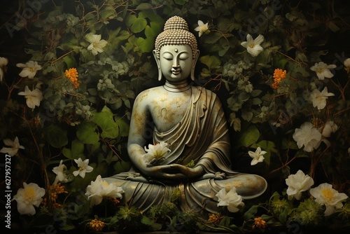 Buddha statue with lotus flower and green leaves background.Generative Ai