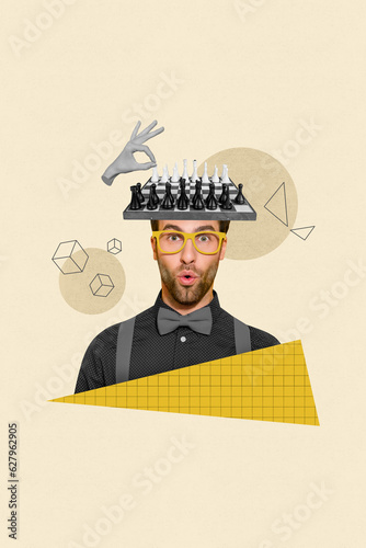 Vertical collage of funny surprised funky gentleman guy absurd head brainstorming fight battle play chess isolated on beige background