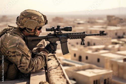 Soldier with assault rifle on the background of the city in Morocco, A U.S. Army sniper looking through the scope on a building rooftop, AI Generated
