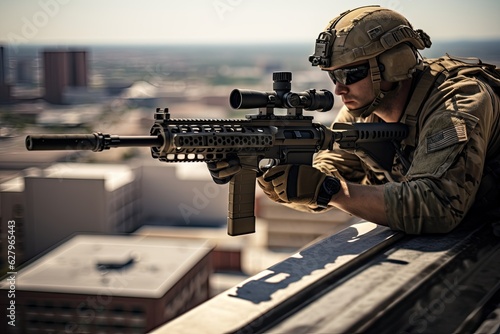 United States Army Special Forces soldier with assault rifle on the roof. A U.S. Army sniper looking through the scope on a building rooftop, AI Generated