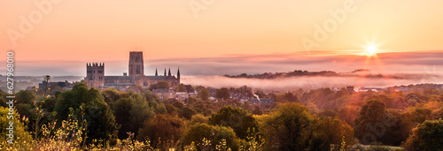 The view of the Durham Cathedral in the sunrise and mist from the Observatory Hill