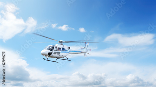 White business helicopter or aerotaxi flying in the blue sky